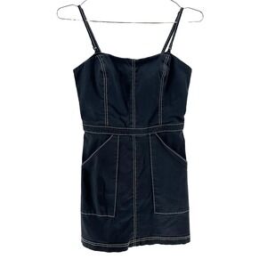 UO Devon Fit + Flare Contrast Stitch Mini Dress • Size 6 • black •‎ pockets!